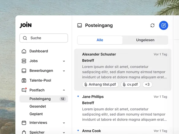 Join Kandidaten-Kommunikation zeigt geteilten Team-Messaging-Thread
