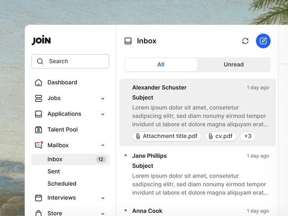 Join candidate communication inbox showing shared team messaging thread