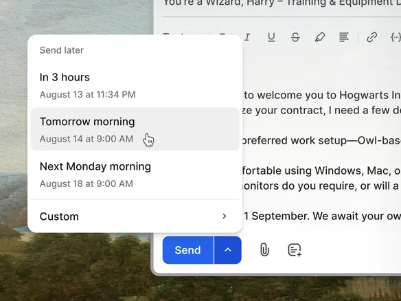 Join compose window with a scheduled-send picker showing Tuesday 10am