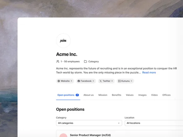 Branded Join careers page showing custom colours, logo, and open job listings