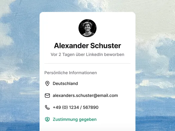 DSGVO-Betroffenenrechte-Panel auf einem Join-Kandidatenprofil mit Export-, Schwärzungs- und Löschkontrollen