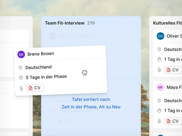 Join Hiring-Pipeline als Kanban-Board mit Kandidatenkarten über Phasen von Beworben bis Angebot