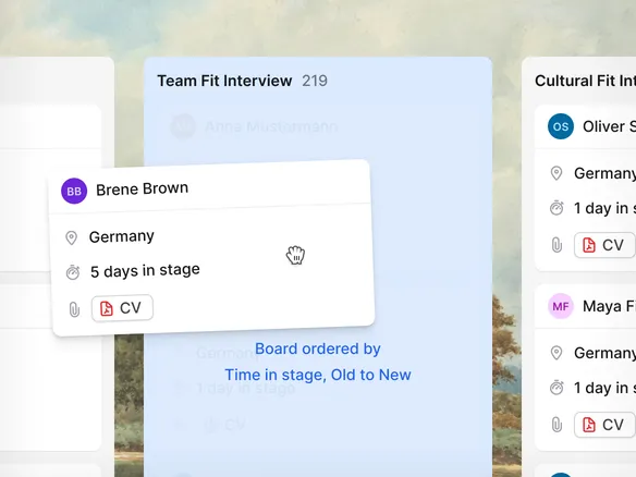 Join hiring pipeline shown as a kanban board with candidate cards across stages from Applied to Offer