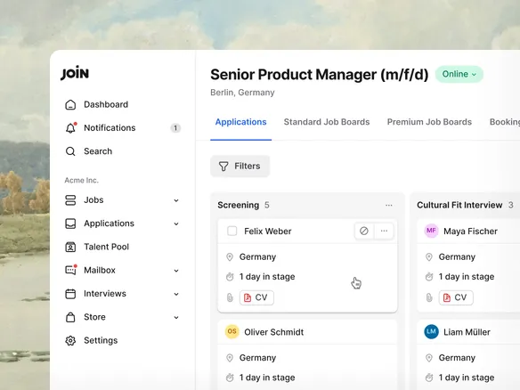 Join pipeline showing integrated sourcing, screening, and communication in one view