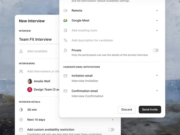 Interview-stage configuration in Join showing four sequential stages with durations and interviewers