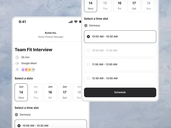 Join interview scheduling link showing available slots synced across interviewer calendars