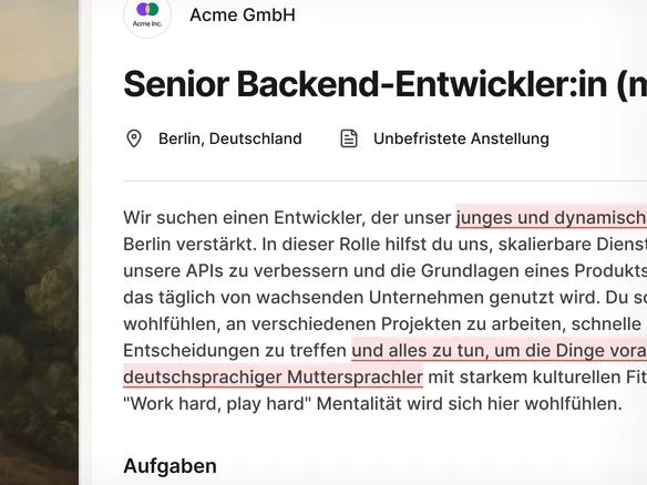 Bias-Flagging- und Keyword-Score-Panel auf einem Stellenanzeigen-Entwurf in Join