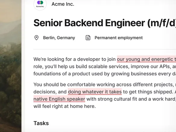 Bias-flagging and keyword score panel on a job description draft in Join