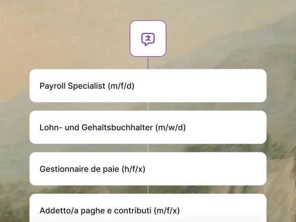 Job description being translated from English to French, German, and Spanish inside Join