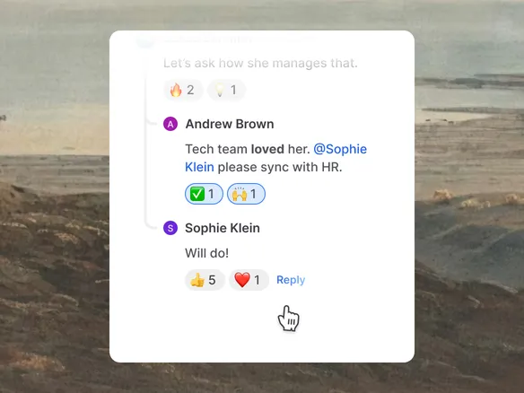Join candidate profile with a thread of hiring-team notes pinned to the right of the timeline