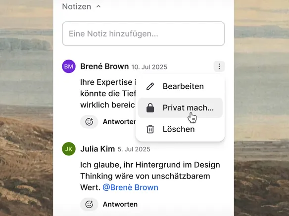 Join-Notiz-Editor mit Sichtbarkeits-Auswahl: privat, Hiring-Team, eingeschränkt auf bestimmte Personen