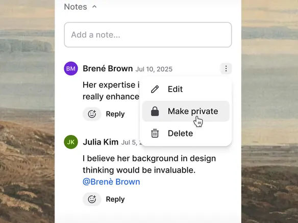 Join note composer with visibility selector: private, hiring team, restricted to specific people