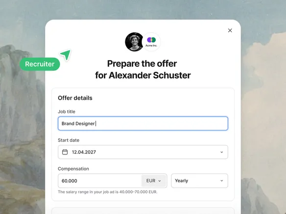 Join offer composer on a candidate profile showing salary, start date, and an email preview