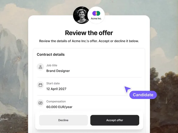 Candidate's accept-or-reject email view, with the response logged back on the Join candidate profile