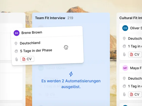 Visueller Recruiting-Workflow-Editor in Join mit Phasenwechsel-Trigger und E-Mail-Aktion