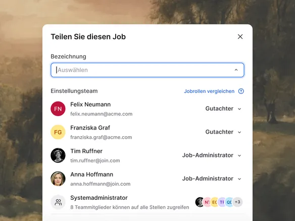 Berechtigungspanel in Join mit Schaltern für Gehaltssichtbarkeit, Kandidatenbearbeitung und stellenbezogenen Zugriff