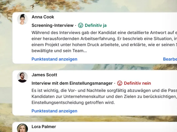 Hiring-Panel-Ansicht in Join: Interview-Scores von drei Kandidaten und vier Interviewern im Vergleich