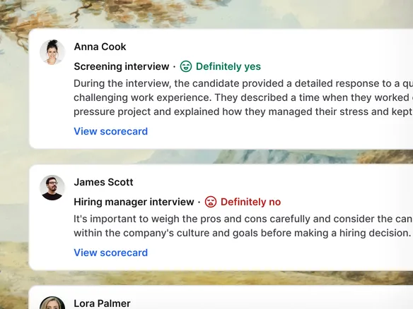 Candidate profile in Join showing aggregated panel scorecard ratings and interviewer notes