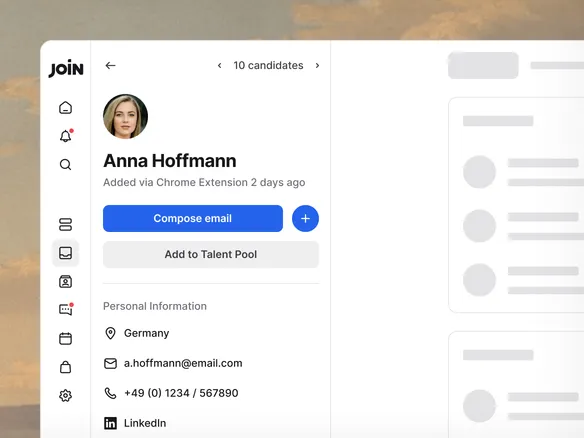 Talent pool view in Join showing saved candidates tagged by role and skill