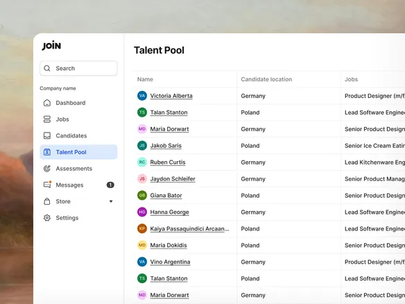 Join talent pool view with candidates filtered by skill, seniority, and location tags